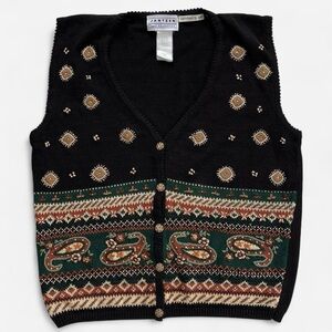 Vintage Jantzen Classics Black Knit Embroidered Paisley Design Earthy Green Vest